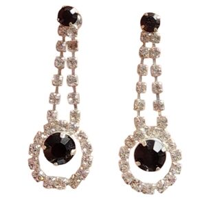 Silver Black Crystal Halo Drop Earrings